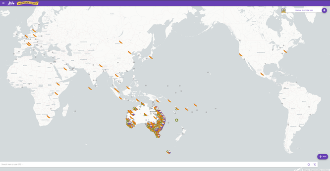 Screenshot of democracysausage.org showing the world map, including sausage sizzles outside Australia.
