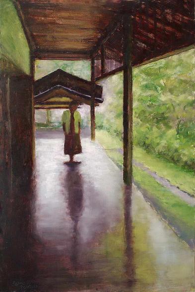 An oil painting of the Ryōan-ji, The Temple of the Dragon at Peace, in Kyoto, Japan. Painting shows a figure walking along a covered porch area with green bushes and grass along the right side and a pagoda shape in the background.

Ryōan-ji, is a world-famous Zen temple and garden. The calm permeates the UNESCO World Heritage Site. On a side of the temple, away from the dry, pebble garden, a practitioner carried the same serenity of the setting. This painting captures a visual representation of the tranquil atmosphere.