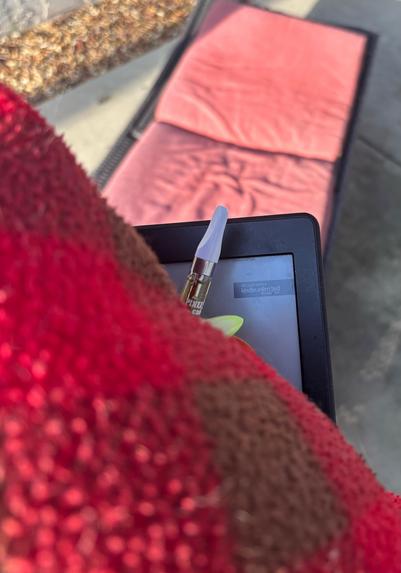 Red furry blanket, vape pen and kindle held in front of a yard chair