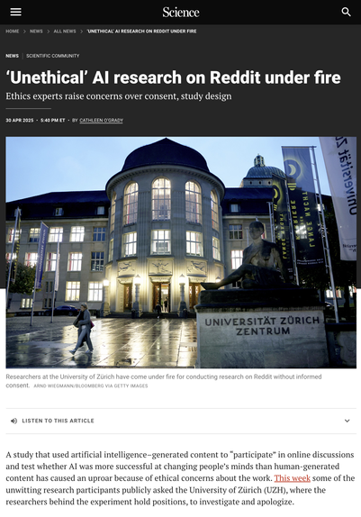 headline: ‘Unethical’ AI research on Reddit under fire