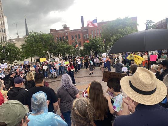 Dark haired woman in red shirt addresses the crowd with a bullhorn.
