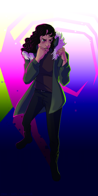 Drawing of a woman with dark curly hair in a green jacket with a fluffy hood, holding her fists up, looking intense.