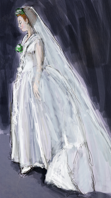 A young woman wearing a bridal gown and veil looks downward pensively.