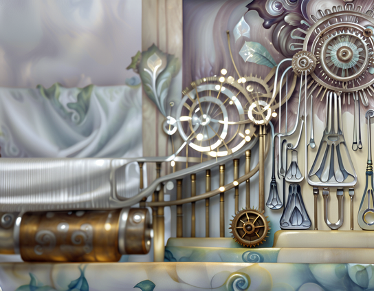 Complex dream-inspired machinery with an array of glittering gears, levers, and ornate metallic accents, interwoven with delicate organic motifs.