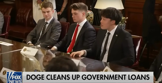 DOGE assets (left to right) Edward Coristine, Nate Cavanaugh & Ethan Shaotran sit for interview with Fox News' Jesse Watters (not pictured).
