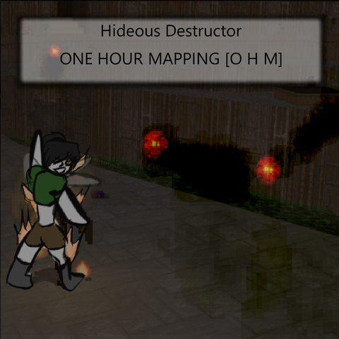 Jester flailing wildly to put out small fires dotting her body. More fireballs are flying at her. Text reads: Hideous Destructor: ONE HOUR MAPPING [OHM]