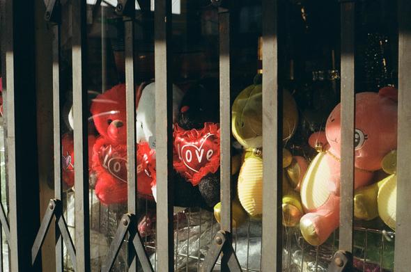 Assored red and black teddy bears with love balloons are next to yellow and pink pokemon behind a security gate in a closed storefront window.