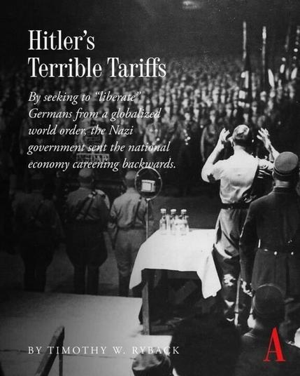 Titre : « Les terribles droits de douane d'Hitler »

Sous-titre : « En cherchant à “libérer” les Allemands d'un ordre mondial globalisé, le gouvernement nazi a fait reculer l'économie nationale.»

Image : Hitler s'exprimant à la tribune, les bras levés, devant une foule de soldats en uniforme alignés, et d'autres soldats en uniforme à proximité, face aux autres.