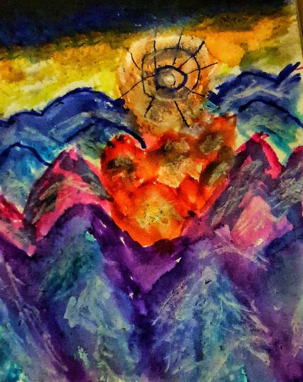 Abstract painting of blue and green waves in the middle is a red and yellow flower and above a kind of sun with orange and blue sky in the background