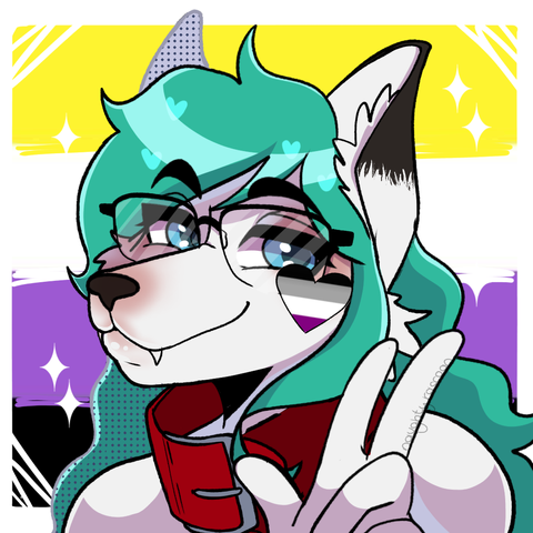 anthro arctic fox, they are giving a warm smile and giving a peace sign. behind them is the non binary flag, on their cheek is a heart with the asexual flag on it.