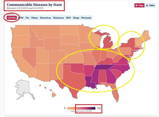 Covid-19 remains highest in the southeastern states.