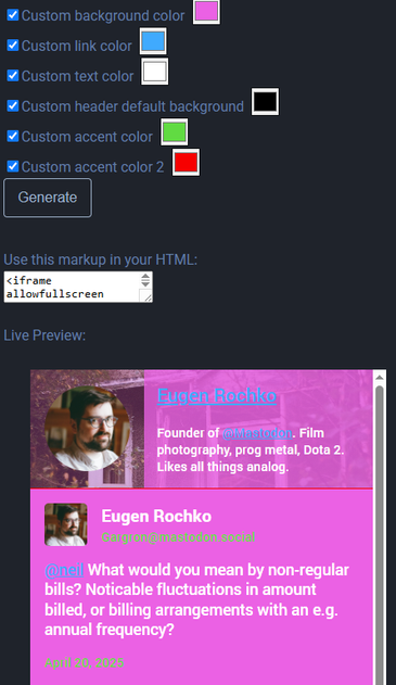 embedded mastodon feed in an iframe, it's showing website man's profile page, with a garish pink background and green, blue and white text, with red borders