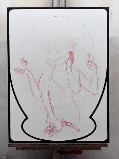 Initial drawing on canvas for a painting of a woman with a lynx skull for a head, with 4 arms. One hand is holding a hose from a gas pump, one hand is on her cheek, one holds up 2 fingers, one is palm up with a zippo lighter floating just above.