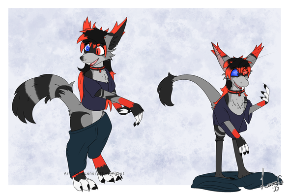 A rather happy looking raccoon with multicoloured eyes looking back at their tail, their body as their tail elongates and loses fluff slowly. Legs and arms elongating and growing in a shell tooth. The second panel having them look at their hand rather excitedly as they continue to change