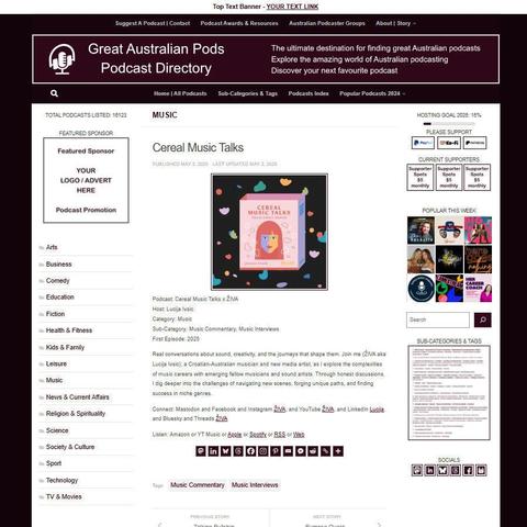 Cereal Music Talks x ŽIVA
Screenshot of the podcast listing on the Great Australian Pods website