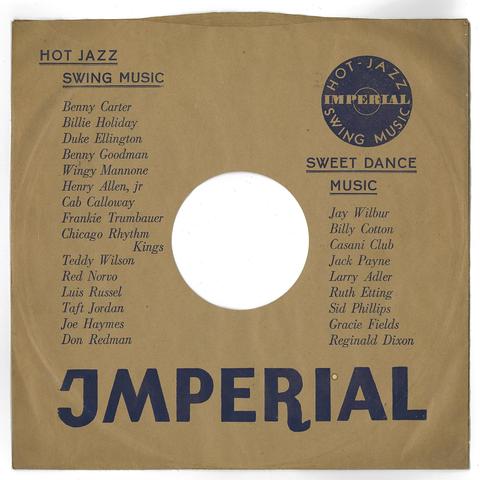 Scan of an early 1940s vinyl jazz record sleeve with a track list and bold "Imperial" logo spelled in all caps, with the first letter I looking like mashup of serif T and sans J