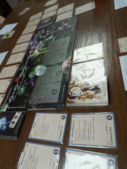 Game board with locations, characters, clues, and rules.