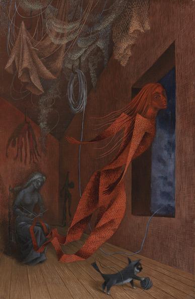 The Red Knitter (Red Woman) (The Knitter) / La Tejedora Roja (Mujer Roja) (La Tejedora) (1956) by Remedios Varo (1908 - 1963)