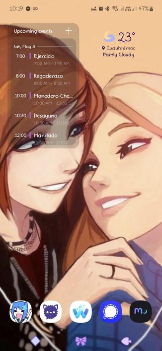 captura de pantalla de la pantalla de inicio de mi fono

tiene un widget de calendario y otro del clima

abajo se ven los íconos de las apps Aria, FluffyChat, Waterfox, Signal y Moshidon Nightly

como fondo está un fanart de Chloe y Rachel del videojuego Life is Strange