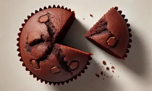 A sliced chocolate muffin
