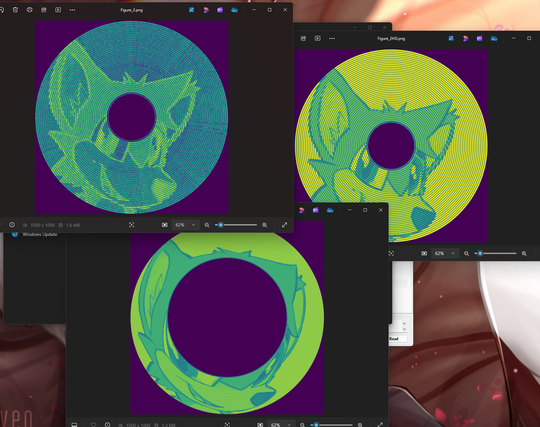 visualisation of flux data using 'fluxvis' to show the raw flux data written to a disk, showing Flux the Weasel, with the top 2 images being the 720k disk, then the 1440k disk, and at the bottom the 'this would actually be how it looks' visualisation