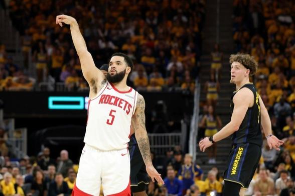 Fred VanVleet of the Houston Rockets reacts to a three point basket in the Rockets