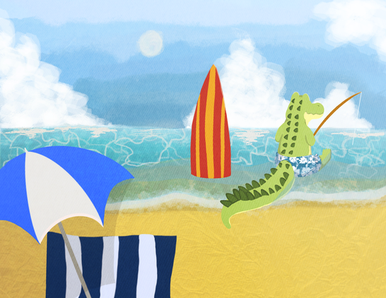 An image of the beach with an alligator sitting in the shallow end where the waves meet the sand. He is wearing light blue swim trunks with a floral pattern. He is seen from behind, holding a fishing rod and smiling. There is also a donut-shaped life ring, a surfboard stuck in the sand, and a towel and umbrella nearby where he sits. The image is overlayed with a texture.