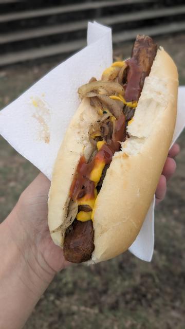 A democracy sausage in a bun, rather than a piece of bread, from St Augustine's Anglican Church in the electorate of Swan, Western Australia.