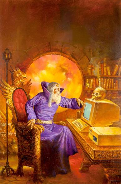 Darkmage, paperback cover by Doug Beekman, 1988

Image of a wizard in a purple robe with a ridiculously high collar, gesturing at the glowing screen of a bulky vintage computer. On the top of the monitor rests a skull dripping with wax from a burning candle. The wizard sits on an ornate gold throne with an eagle back and sharp clawed feet. It's a dark but warm candle-lit room with ancient books on the shelves on the back wall. A bright yellow, round doorway leads to a room in the distance.