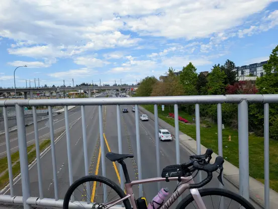 Looking over 44th Ave W from the Interurban trail overpass in Lynnwood, WA. My road bike is in the picture, too.