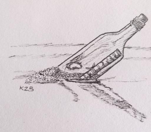 Pen drawing of a bottle with a rolled written piece of paper inside on the beach