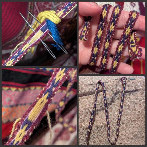 Collage of four photos: Two embroidery needles holding open the two sheds. Needles and heddles removed with just a few rows left to weave. The finished band in my hand. And the finished whole band pinned on a towel to see the full length.