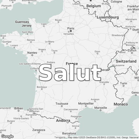 Map of France overlaid with a translation of the word "hello": Salut.