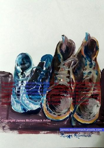 G.(May08).
Shoes and Boots. 
Winter (June) in Brazil with a drop in temperature, so I am changing light shoes for boots and thick socks to face the cold, especially first thing in the morning.

Acrylic on paper. An original painting by James McCormack, Artist