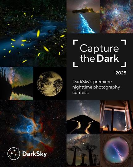 Promotional graphic for “Capture the Dark 2025,” DarkSky’s nighttime photography contest. A central black panel with white text is surrounded by a collage of night-themed images: glowing fireflies over a stream, bioluminescent waves on a beach, colorful nebulae, the Milky Way over a lake and a mountain road, the moon framed by tree branches, starry skies above baobab trees, a cosmic view through a cave, and the night sky seen from a window. The images highlight the beauty of natural darkness and celebrate night photography from around the world.