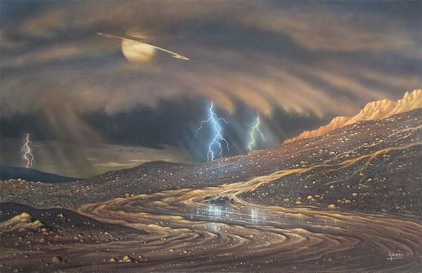 2011 April 1

It's Raining on Titan
Illustration Credit & Copyright: David A. Hardy (AstroArt)

Explanation: 
It's been raining on Titan. In fact, it's likely been raining methane on Titan and that's not an April Fools' joke. The almost familiar scene depicted in this artist's vision of the surface of Saturn's largest moon looks across an eroding landscape into a stormy sky. That scenario is consistent with seasonal rain storms temporarily darkening Titan's surface along the moon's equatorial regions, as seen by instruments onboard the Cassini spacecraft. Of course on frigid Titan, with surface temperatures of about -290 degrees F (-180 degrees C), the cycle of evaporation, cloud formation, and rain involves liquid methane instead of water. Lightning could also be possible in Titan's thick, nitrogen-rich atmosphere. 

Authors & editors: Robert Nemiroff (MTU) & Jerry Bonnell (UMCP)
NASA Official: Phillip Newman Specific rights apply.
NASA Web Privacy Policy and Important Notices
A service of: ASD at NASA / GSFC
& Michigan Tech. U.