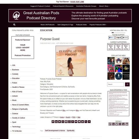 Purpose Quest Podcast
Screenshot of the podcast listing on the Great Australian Pods website