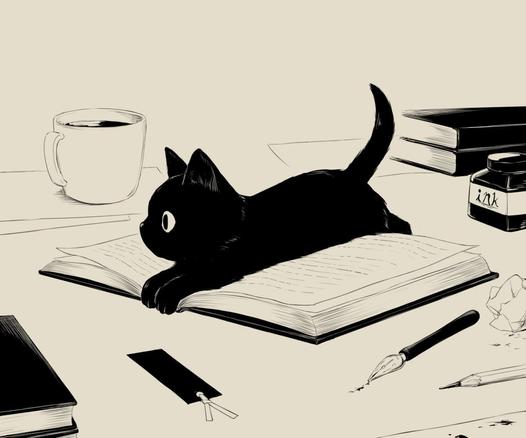 sur la table, un jeune chat noir installé comme un marque page sur un cahier ouvert, entre des livres, une tasse de café, une plume et un flacon d’encre de chine