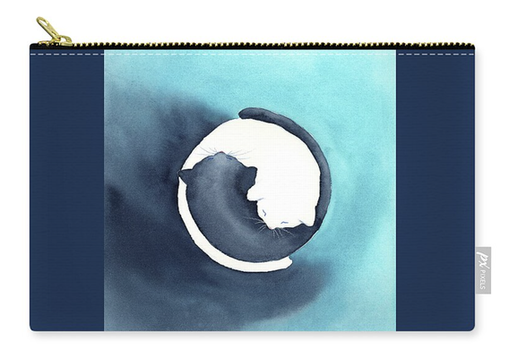 Zip pouch featuring the 'You and me together' watercolor painting in shades of indigo, teal and white in square format by artist Karen Kaspar. A black cat and a white cat seen from above are cuddling together. They form a circle like the yin and yang symbol on an abstract watercolor background in teal and indigo.