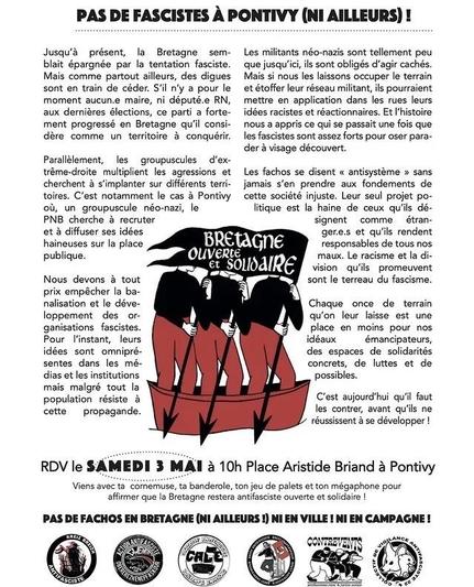 Texte détaillé précisant la place de plus en plus grande que tente de prendre les fachos en Bretagne,  notamment dans la ville de Pontivy ou un groupuscule néo-nazi nommé PNB cherche à recruter et à diffuser ses idées haineuses sur la place publique. C'est aujourd'hui qu'il faut les contrer avant qu'ils ne réussissent à se développer !