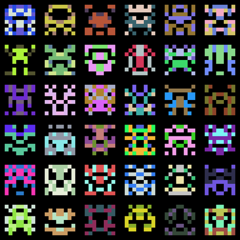 a 6x6 grid of multicolored 8x8 pixel aliens a la space invaders