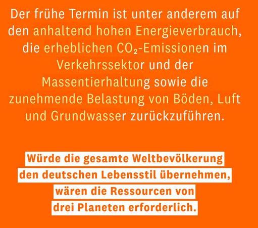 Auschnitt eines der Kacheln aus dem verlinkten Postings von Brot für die Welt. Text: "Der frühe Termin ist unter anderem auf  den anhaltend hohen Energieverbrauch, die erheblichen CO,-Emissionen im Verkehrssektor und der Massentierhaltung sowie die zunehmende Belastung von Boden, Luft  und Grundwasser zurtickzuführen.

Würde die gesamte Weltbevölkerung den deutschen Lebensstil übernehmen, wären die Ressourcen von drei Planeten erforderlich"