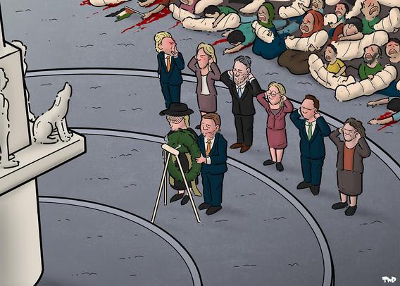 Cartoon waarop te zien is hoe Alexander en Maxima een krans leggen bij het Nationale Monument op de Dam. Daarachter staat het kabinet en Geert Wilders. De leden van het kabinet hebben allemaal hun vingers in hun orem. Wilders draait zich om en maant de mensen achter het kabinet tot stilte. De groep achter het kabinet bestaat uit Gazanen die lijkzakken dragen en wanhopig om aandacht schreeuwen.