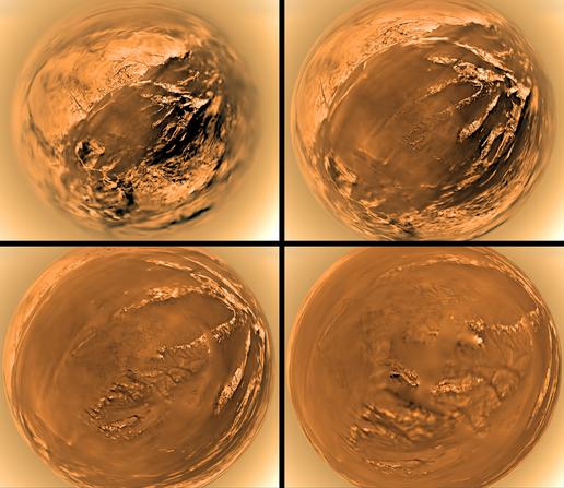 2015 January 16
.
Huygens Lands on Titan
 * Image Credit: ESA / NASA / JPL / University of Arizona

Explanation: 
Delivered by Saturn-bound Cassini, ESA's Huygens probe touched down on the ringed planet's largest moon Titan, ten years ago on January 14, 2005. These panels show fisheye images made during its slow descent by parachute through Titan's dense atmosphere. Taken by the probe's descent imager/spectral radiometer instrument they range in altitude from 6 kilometers (upper left) to 0.2 kilometers (lower right) above the moon's surprisingly Earth-like surface of dark channels, floodplains, and bright ridges. But at temperatures near -290 degrees F (-180 degrees C), the liquids flowing across Titan's surface are methane and ethane, hydrocarbons rather than water. After making the most distant landing for a spacecraft from Earth, Huygens transmitted data for more than an hour. The Huygens data and a decade of exploration by Cassini have shown Titan to be a tantalizing world hosting a complex chemistry of organic compounds, dynamic landforms, lakes, seas, and a possible subsurface ocean of liquid water. 

Authors & editors: Robert Nemiroff (MTU) & Jerry Bonnell (UMCP)
NASA Official: Phillip Newman Specific rights apply.
NASA Web Privacy Policy and Important Notices
A service of: ASD at NASA / GSFC
& Michigan Tech. U.