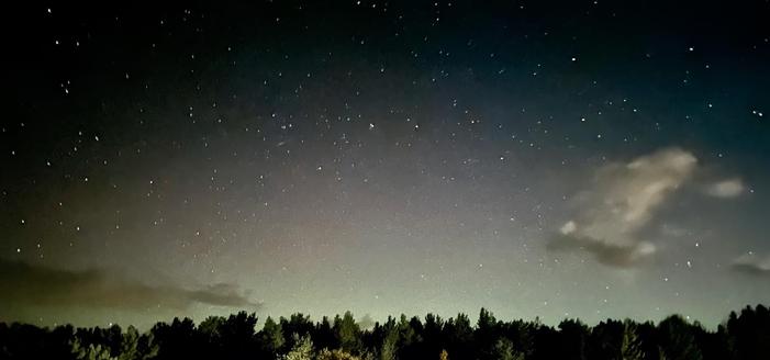 The image shows a night sky filled with stars, a faint glow possibly from the Milky Way, and a landscape silhouette of a forested area. The stars are bright against the dark sky, and there appears to be a soft glow near the horizon, which could be due to light pollution or a natural atmospheric phenomenon. The area at the bottom of the image is darker, showcasing the outline of treetops against the night sky. Clouds can also be seen diffusing part of the starlight, adding to the scene's serene and natural atmosphere.