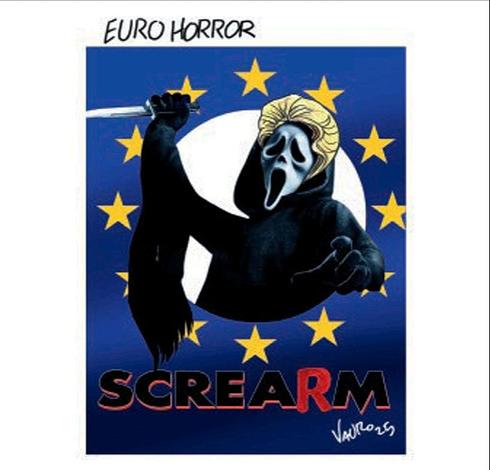'Euro Horror'

Nel disegno, la locandina del film 'Scream' con Ursula Von der Leyen al posto del protagonista. Il titolo è modificato in 'ScreaRm'.