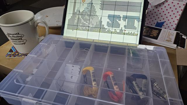 Photo of my craft box, tablet, coffee cup, chocolate on my coffee table.