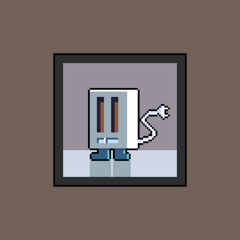A character that looks like a toaster standing on end, with small legs and the cord as a tail