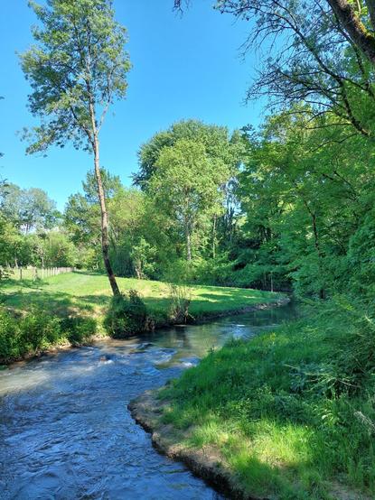 Vue d' une rivière et les deux rives herbeuses