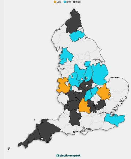 A map of England.  NOT the alleged UK. Just England.

There are pale grey dividing lines all across it denoting political control boundaries.  Some of the areas are black, some uncoloured, some yellow and some neon blue.

The Blue areas are those that have happily welcomed Nazism to control them, under the guise of the reform Party, a Limited Company made up of nazis.